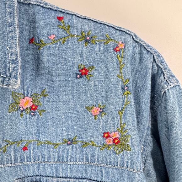 Vintage Capacity Denim Midi Dress Embroidered Floral Western Size Large Cottage - Picture 6 of 11